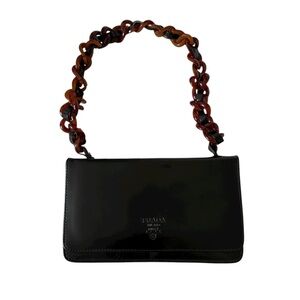 Vintage 90s Prada Baguette Shoulder Bag Black Purse with Tortoiseshell Strap